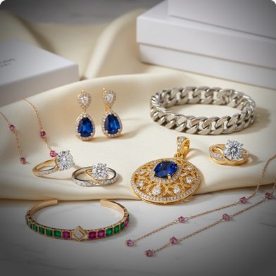 Fine jewellery collection styled on a dark background