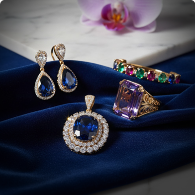 Gemstone jewellery styled on a dark background