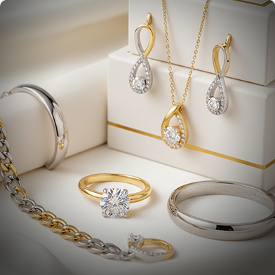 Gold jewellery styled on a dark background